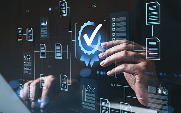 Image-Digital document validation and quality assurance concept with checkmark symbol and data icons 