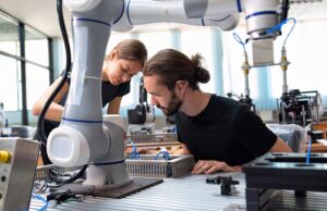 Robotics engineers collaborating