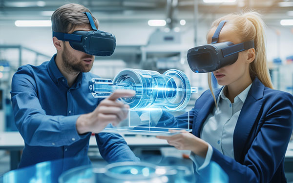 Image-Two professionals wearing virtual reality goggles interact with a digital image of a machine part