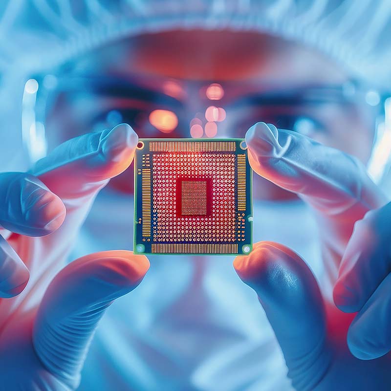 Bild – Ein Wissenschaftler/Techniker, der einen hochmodernen Computerchip in seiner behandschuhten Hand hält