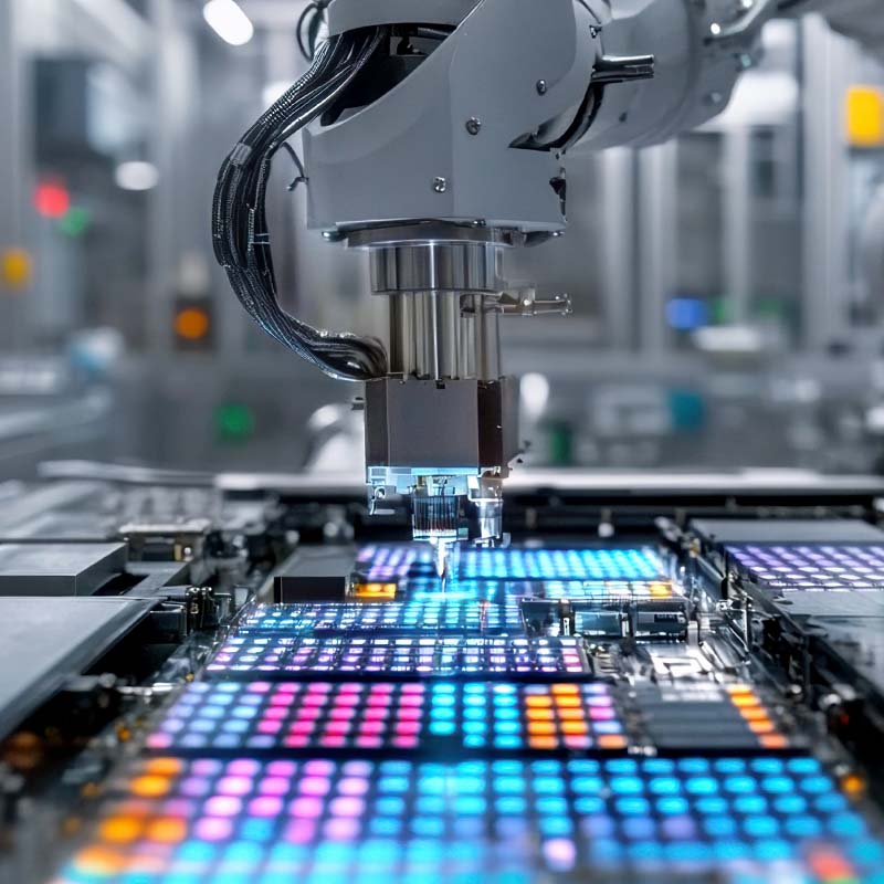 Bild – Ein Roboterarm montiert Mikrochips und stellt fortschrittliche Halbleiter in einer High-Tech-Fertigungsumgebung her.