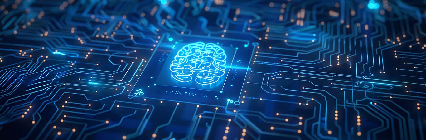 Image-microchip with brain icon centered on dark circuit board