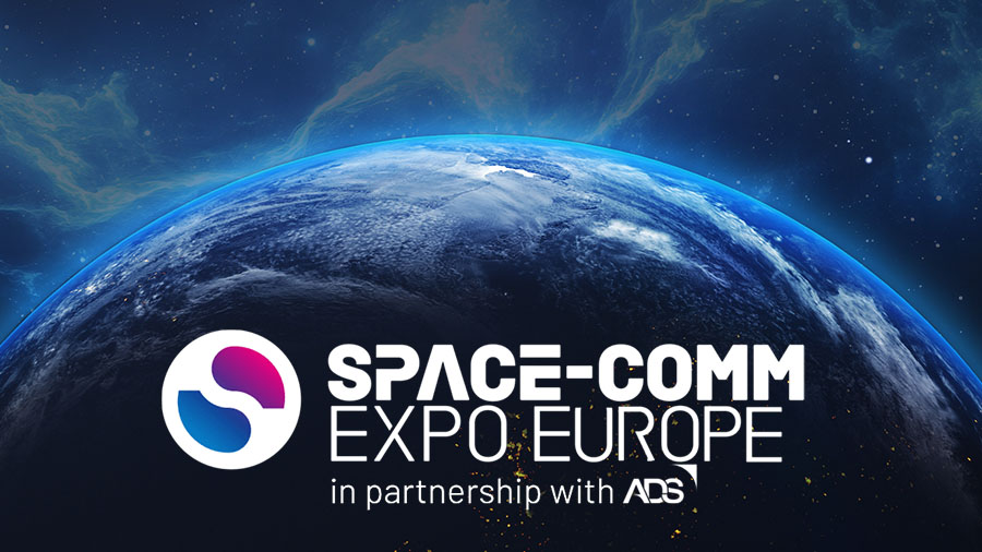 Image-Earth in space view with shining sunrise in universe and galaxy background with Space-Comm Expo logo overlay