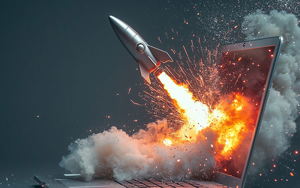 Image-A laptop with a rocket lunching out of the screen