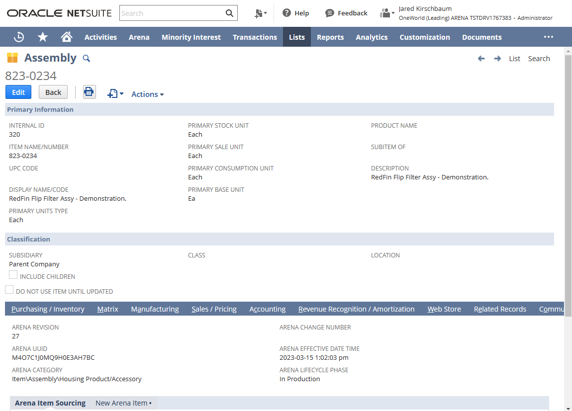 Netsuite Arena Integration Screen