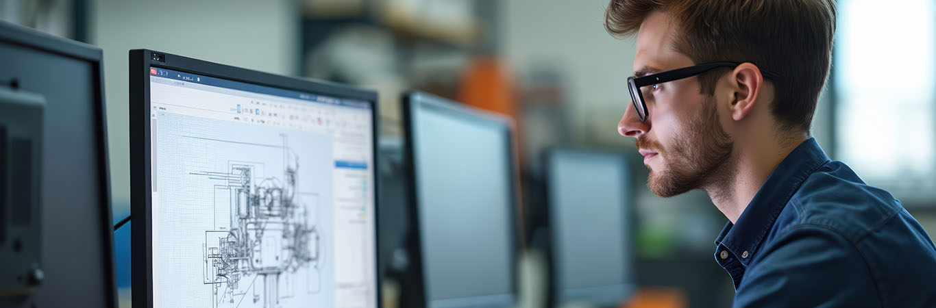 Image-Engineer works on desktop computer designing a product using CAD software.
