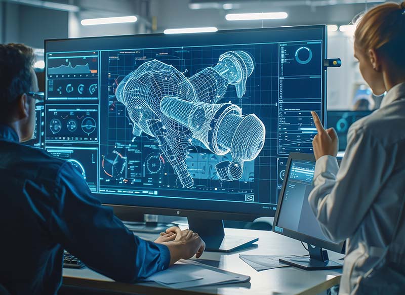 Imagen: equipo de ingenieros trabajando en el diseño de un brazo robótico futurista en una oficina de alta tecnología