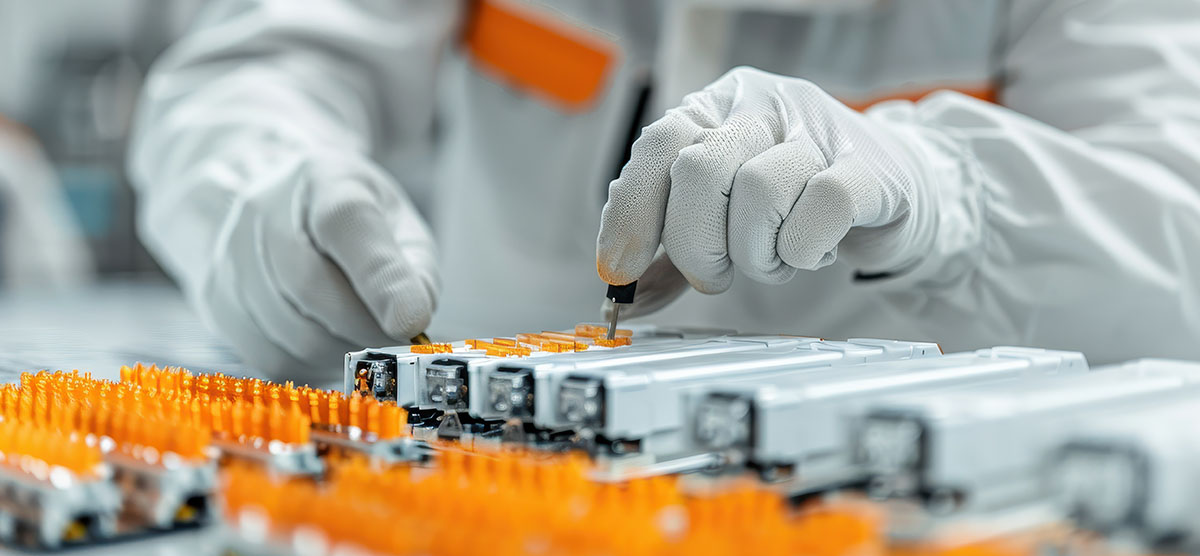 Image-A technician in a cleanroom environment, wearing protective gloves and suit, assembles battery modules with precision tools.