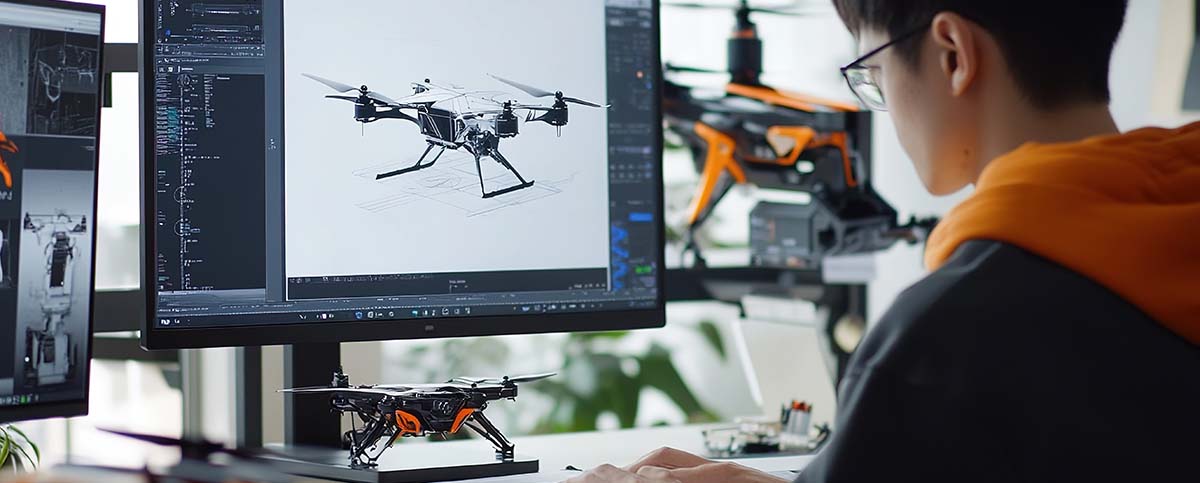 Engineer working on drone design with 3D modeling software on a computer