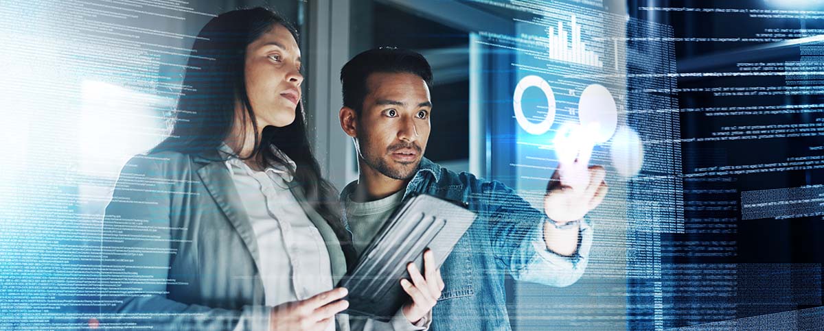 Image-Coworkers with data overlay, tablet and digital code for Cloud PLM system