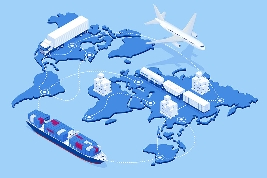 Image-Global logistics network illustration depiction air cargo, trucking, rail transportation, and maritime shipping