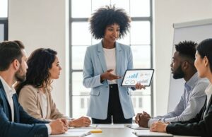 Image-Woman leading team meeting discussing software