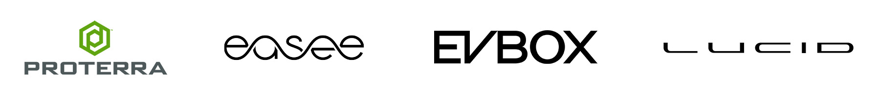 Logos de clients : Proterra, Easee, EVBox et Lucid